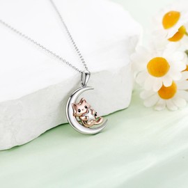 URONE Cat Necklace 925 Silver Cat Moon Pendant Necklace Kitten Cats Jewellery Gifts for Women Cat Lovers, Sterling Silver, No Gemstone