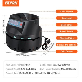 VEVOR USD Coin Sorter, Various specifications, Coin Sorter Machine for USD Coin 1￠ 5￠ 10￠ 25￠, Sorts up to 230 Coins/min, Coin Sorter and Wrapper Machine Holds 200 Coins Included 4 Coin Tubes, Black:_300 pcs