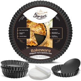 YUMTART Bundle Pack 9" and 4" Mini Tart and Quiche Pan Combo, False Bottom Pie Pan, Deep Fluted Tart and Quiche Pan with Removable Bottom - Non-Stick Tart Pan with 10 Parchment Sheets