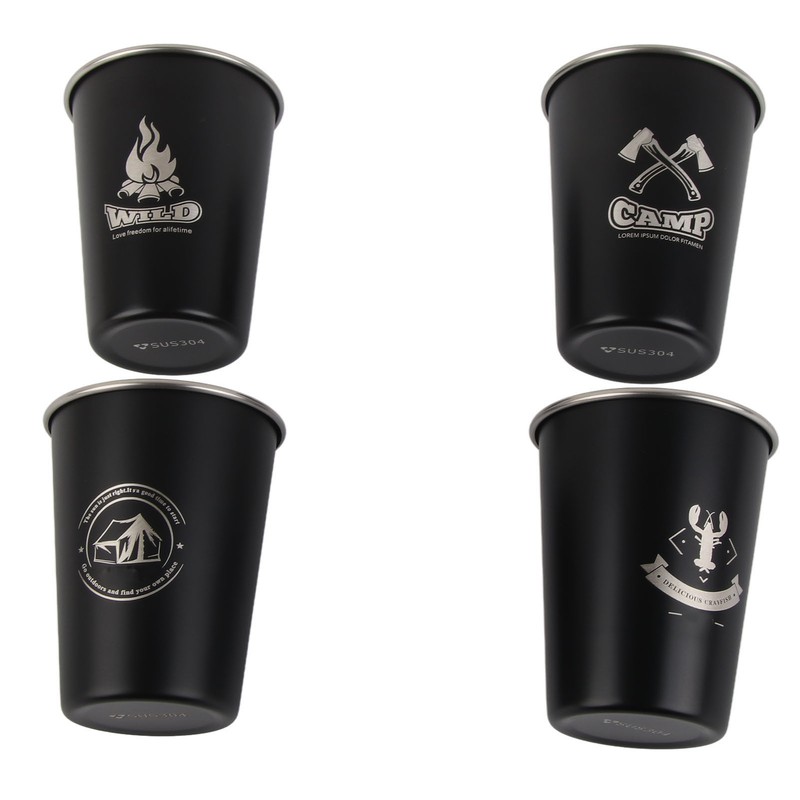 4pcs Camping Cups Black 350ml Outdoor Camping Portable Stainless Steel