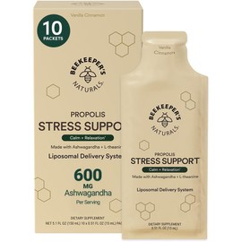 Ashwagandha Liposomal Stress Support by Beekeeper's Naturals, 600mg with Propolis, L-Theanine, Anti-Stress Support for Calm & Relaxation, 10ct