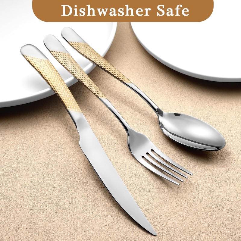 24 Piece Gold Hammered Silverware Set for 6, Premium Food-grade