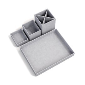 Bigso Box of Sweden LENA Desk Organiser for Pens, Paper Clips, Sticky Notes etc. - Sorting Box with 4 Compartments - Fibreboard and Paper Organiser System in Linen Look - Light Grey