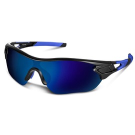 TAC TR90 Sports Sunglasses, Polarized Lenses, Cycling, Climbing, Fishing, Baseball, Golf, Running, Driving, Tennis, Skiing, Ultra Lightweight, UV400, UV Protection, Unisex, Safe, Clear, Black and Blue
