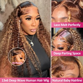 MXTQO Honey Blonde Deep Wave Lace Front Wigs Human Hair 200 Density 13x6 HD Lace Front Wigs Ombre Human Hair Wig Glueless P4/27 Highlight Wig for Women Pre Plucked with Natural Hairline (24 Inch)