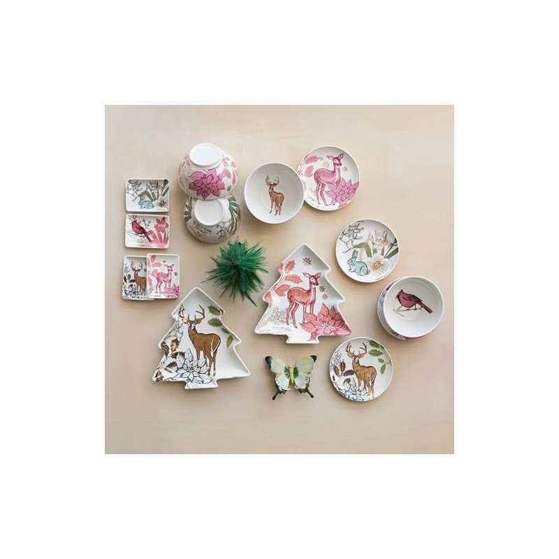 Creative Co-Op Stoneware Tree Shaped Plate Set with Pattern, Multicolor,