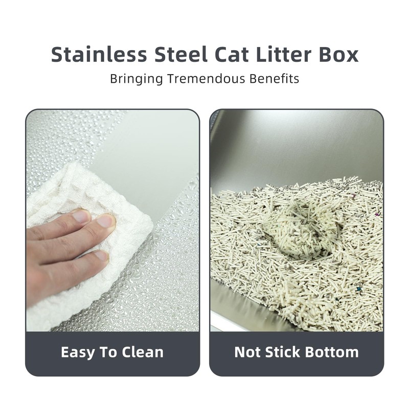 Booche High-Sided Stainless Steel Cat Litter Box,Stainless Steel Litter Box