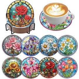 8 Pcs Flowers Diamond Art Coasters,Diamond Painting Coasters Kits with Holder,DIY Flowers Coasters for Adults Beginners,Diamond Art Crafts Supplies (Flowers).