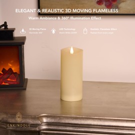 ENKINDDLE Flickering Flameless Candle, Real Wax LED Pillar Candle with 3D Moving Flame, Battery Operated, Built-in Timer, Ivory, Unscented, Safe for Home Décor, and Holidays 3" x 7.12"