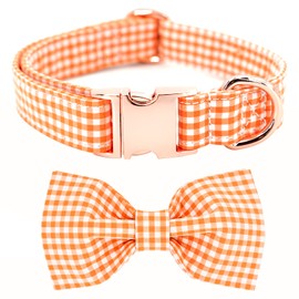 Tunkoo Dog Collar with Bow Tie Elegant Plaid Soft Comfy Cotton Adjustable Collar Premium Metal Buckle,Small Medium Large Puppy Cat Outdoor Training Walking Running（Orange Grid，M）