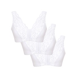 EDEN HOUSE Ladies Pack of 3 Bra Cotton Lace Front Fastening Magic Bra White 14