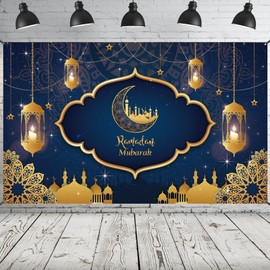 Ramadan Mubarak Banner, Extra Large Fabric Eid Kareem Background for Decorations, 72 x 44 Inch Star Moon Lanterns Castles Photo Booth Background for Islamic Muslim Al-Fitr Party Supplies