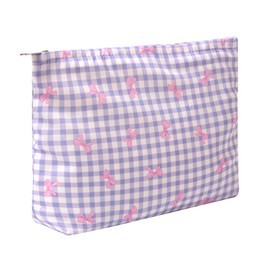 Aesthetic Makeup Bag Cosmetic Bags for Women and Girls, Large Capacity Canvas Travel Makeup Organizer Bag Zipper Pouch (Check bow purple)