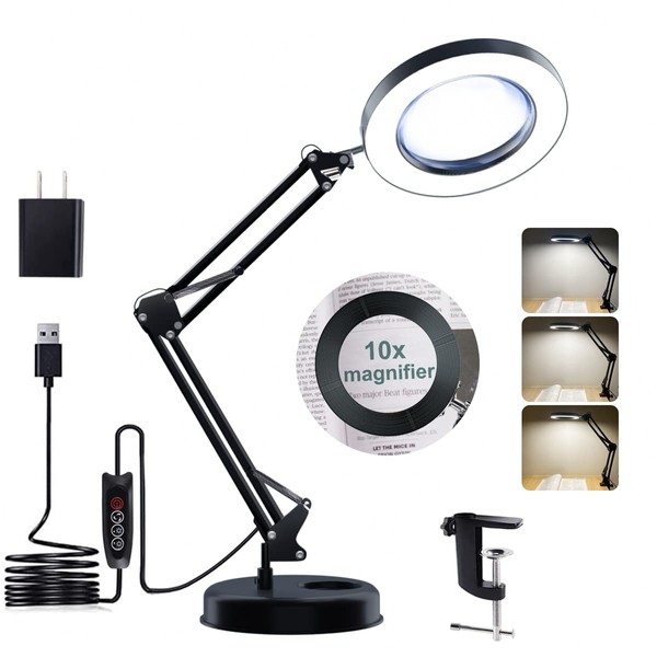 Magnifying Glass with Light and Stand, 10X Magnifying Lamp, 2-in-1