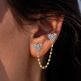 FETTERO Gold Chain Earrings for Women, 14K Gold Plated Hypoallergenic Earring for Multiple Piercing, Tassel Chain Charm CZ Heart Pendant Double Piercing Stud Earrings | Gold Earring for Women