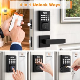 Probrico Keyless Entry Door Lock with Handle, Smart Locks for Front Door, Black Keypad Door Lock with Handle Fingerprint Lock, Electronic Keypad Deadbolt Lever, App Control, Auto Lock