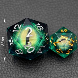 Dungeons and Dragons DND Dice D20, Eye Liquid Core Dice Set D&D 33MM Large Single Sharp Edge Resin dice with Gift Case, Polyhedral Dice for Role Playing Game (Green Black Eyeball)