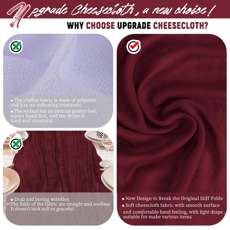 24 Packs Burgundy Cheesecloth Table Runner,10ft Wine Red Rustic Gauze