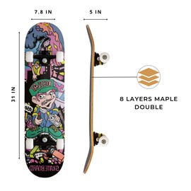 ROFFT Complete Skateboard for beginners 31 inch full skateboard for kids teens and adults, 8 ply Arce Maple double kick deck Cruiser, colour Aluminiun Truck, Suitable for beginners skatepark (Design2)