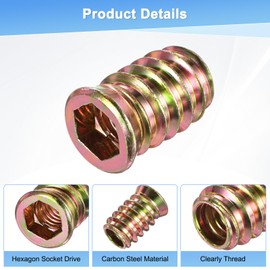 M METERXITY 15-Pack Threaded Inserts for Wood, 3/8-16 x 25mm Hex Drive Threaded Insert Nuts with a Wrench for Wood Furniture, Threaded Screw-in Nuts [Gold Tone]