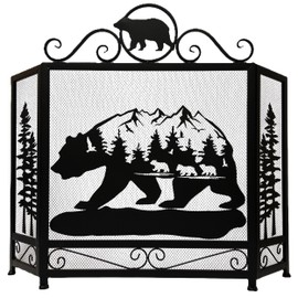 BestGiftEver 3-Panel Fireplace Screen Decorative with Rustic Bear and Mountain Scenery Design - Stand Alone Fireplace Cover Metal Mesh Screen - Home Decorative Firescreen for Cabin Lodge Forest Theme
