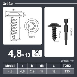 Dayalo Pack of 50 self-tapping screws, 4.8 x 13 mm, black, stainless steel flat head with disc Torx screws, self-tapping screws, drilling screws, wood screws, lens head, fully threaded, with drill