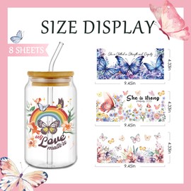 AFRITEE UV DTF Cup Wraps - 8 Sheets Butterfly Watercolor Painting Blue Pink Colorful Flower Floral Butterfly Rub on Transfers UV DTF Stickers for 16oz Glass Cups Vases Candle Holders Straws Crafts