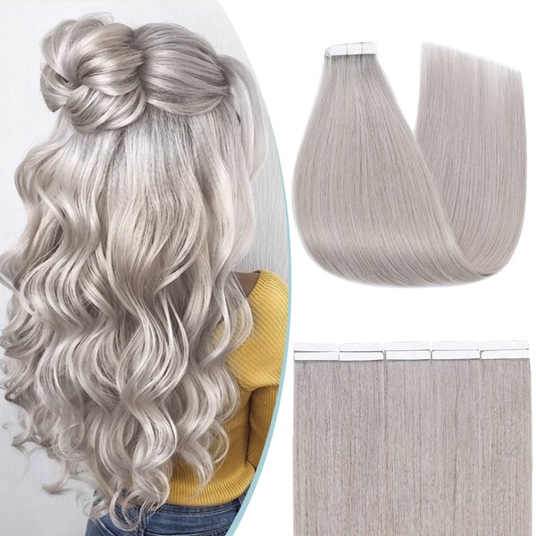 S-noilite Tape Extensions Real Hair 10 Pieces / 25 g Remy Hair Extensions Real Hair Tape in Grey # - 45 cm