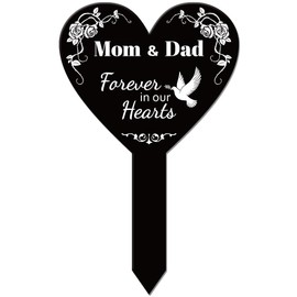 GLOBLELAND Heart Shaped Mom and Dad Garden Stake Memorial Remembrance Plaque Stake for Cemetery Acrylic Waterproof Sympathy Garden Stakes for Yard Grave Cemetery