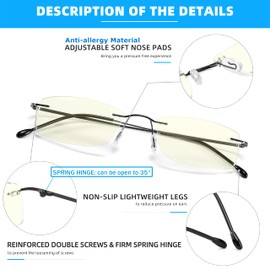 TOVEEN Titanium Rimless Reading Glasses Blue Light UV Blocking, Ultralight Frameless Spring Hinge Readers with Case for Men Wowen 2 Pair +2.0