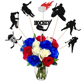 16 PCS Hockey Centerpiece Sticks Black Glitter Hockey Players Table Flower Centerpieces Sticks Hockey Floral Decorations for Ice Hockey Sports Theme Baby Shower Boys Girls Birthday Party Supplies
