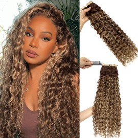 Ombre Tape in Hair Extensions Real Human Hair Water Wave 22 Inch Loose Curly Tape ins for Black Women Balayage Chocolate Brown to Honey Blonde Highlights Skin Weft Remy Hair Extension #4/27/4 Color