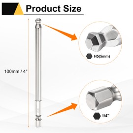 sourcing map 10pcs Ball End Hex Screwdriver Bit H5 (5mm) Head 1/4" Hex Shank 100mm (4") Long Magnetic S2 Steel Metric Screw Driver Drill Bit Wrench Socket Power Tool