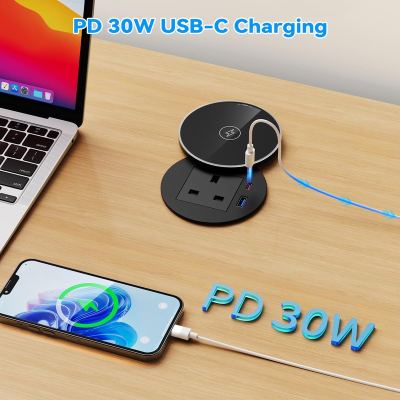 Ohuo Recessed Power Socket with 15W Wireless Charger, Desk Grommet