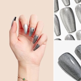 Sun&Beam Nails Handmade Press-On Medium Long Coffin Ballerina with Silvern Black Cat Eye Design Charm Cute False Nail Tips 10 Pcs (#105 L)