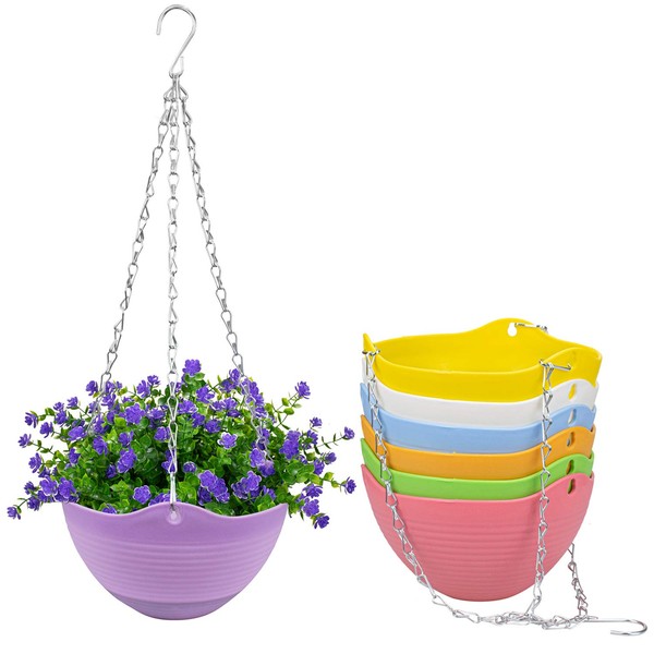 Foraineam Set of 7 Colors Self-Watering Hanging Planter Indoor Outdoor Garden Flower Plant Pot Container with Drainer and Hanging Chain