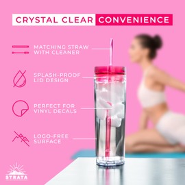 STRATA CUPS 24 Colored Skinny Tumblers with Lids and Straws | 16oz Reusable Cup Double-Wall Clear Tumbler with Lid and Straw, Durable Acrylic Tumblers With FREE Straw Cleaner & Name Tags