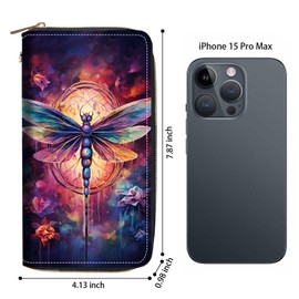 FVAENDHIO Women's Large Capacity Wallet PU Leather Zip Around Clutch Purse Multifunctional Wallet with Removable Wristlet Strap for Smart Phone/Coin/Card/Cash, Dragonfly