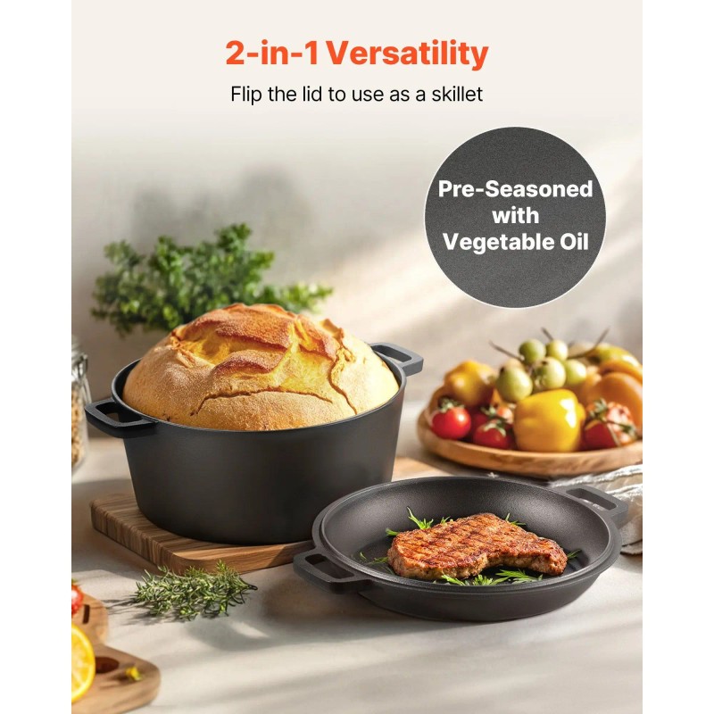 2-in-1 Pre-Seasoned Cast Iron Dutch Oven with Skillet Lid 5QT