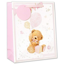 Medium Birth of Baby Girl Gift Bag - Brown Bear Silver Foil 10x8.5"