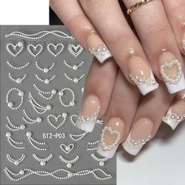 2 Sheets Valentine's Day French Pearls Nail Art Stickers 5D Embossed Lines Pearls Nail Stickers Pearls with Heart Nail Decals Acrylic Nail Supplies for Women Girls DIY Valentines Nail Decoration