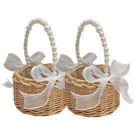 Cesta de canasta de niña de flores de 2 canasta de flores de ratán con mango de perlas y cestas de niña de flores decorativas de arco para bodas ceremonia, estilo1, cestas de niña de flores para boda