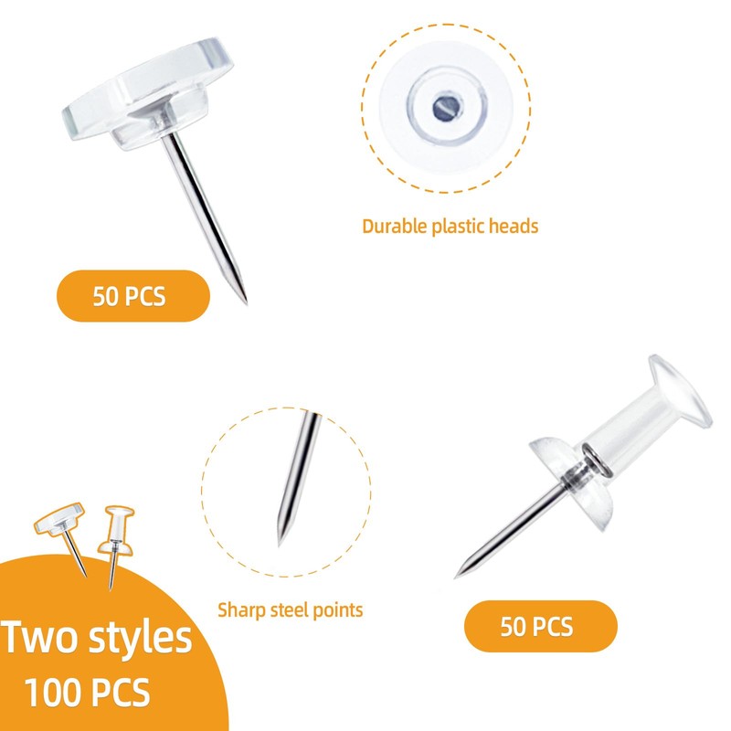Noqlyur 100-Pack Heavy-Duty Tacks and Push Pins – Clear Flat-Head