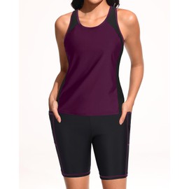 Trajes de baño tankini de 3 piezas para mujer, trajes de baño atléticos, playera sin mangas con pantalones cortos para niño y brasier modesto trajes de baño 2025, Hojas púrpura, Small