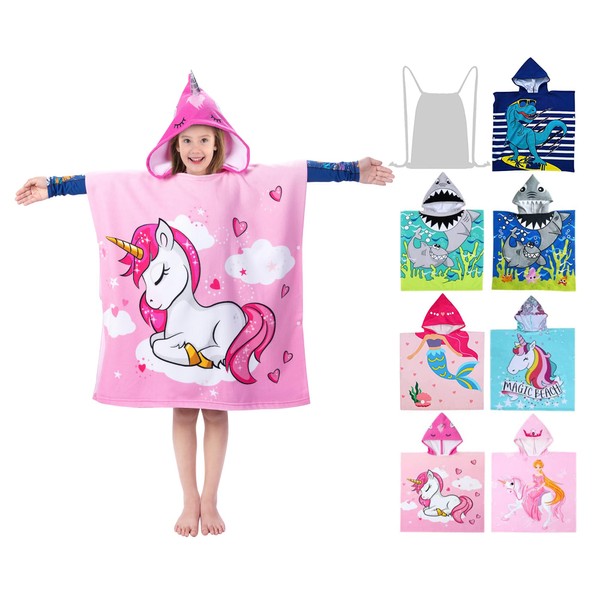 growell Hooded Kids Beach Towels - Toddler Bath Towel Girls Boys Swim Cover-ups for Ages 4 to 10 Kids Pool Towels Quick Dry Lightweight Soft Microfiber Poncho 30x30 with Bag (Pink Unicorn)