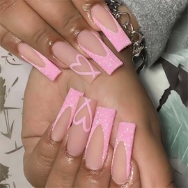 RUOKEXIN Valentines Press on Nails Long Coffin Fake Fingernails with Nails Glue Pink Heart Acrylic False Nails with Glitter Designs French Glossy Artificial Nail Press ons Stick on Nails for Women