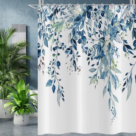 GCIREC Eucalyptus Shower Curtain, Watercolor Blue Leaves on The Top Plant with Floral Bathroom Curtain Bathtub Home Decor Waterproof Fabric Machine Washable with 12 Hooks