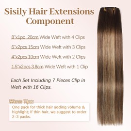 Sisily Clip in Hair Extensions Real Human Hair, 16 inch 120g, Chocolate Brown to Blonde Balayage, 100% Brazilian Remy Human Hair Clip in Extensions Soft Straight 7pcs Per Set with 16 Clips Double Weft