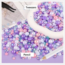NACHLYNN 60g Mix Pearls and Rhinestones for Crafts Flatback Rhinestones Half Round Mixed Size 3mm-10mm Flatback Pearls for Crafts DIY Nail Art Shoes Clothes Tumblers Mugs (Mixed Pink Purple)