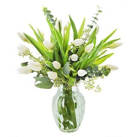 KaBloom PRIME NEXT DAY DELIVERY - Bouquet of 20 White Tulips and Lush Greens with Vase.Gift for Birthday, Sympathy, Anniversary, Get Well, Thank You, Valentine, Mother’s Day Fresh Flowers